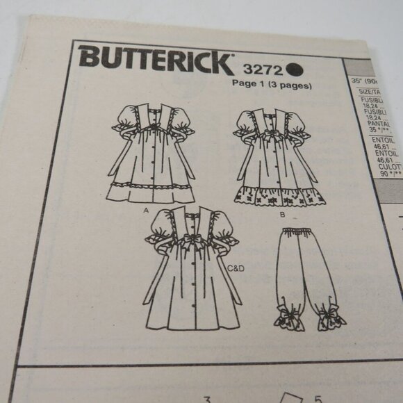 Butterick 3272 Clothing Pattern Child Dress, Bloomers - Pantaloons UNCUT - Picture 3 of 9